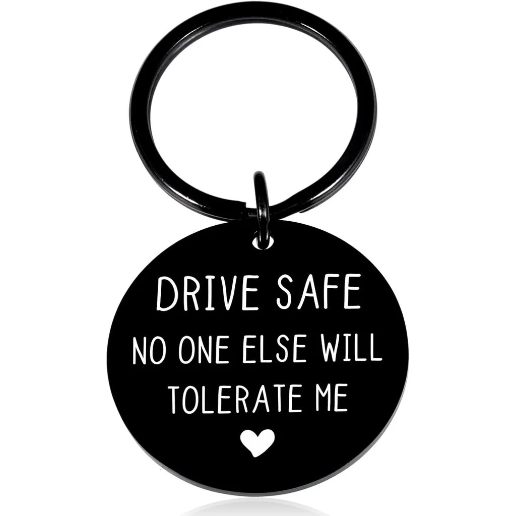 TEMU 1pc Stainless Steel Keychain, Round Keyring With Heart Detail, Engraved "drive Safe Will Me" Funny Quote, Gift For Husband Boyfriend Girlfriend