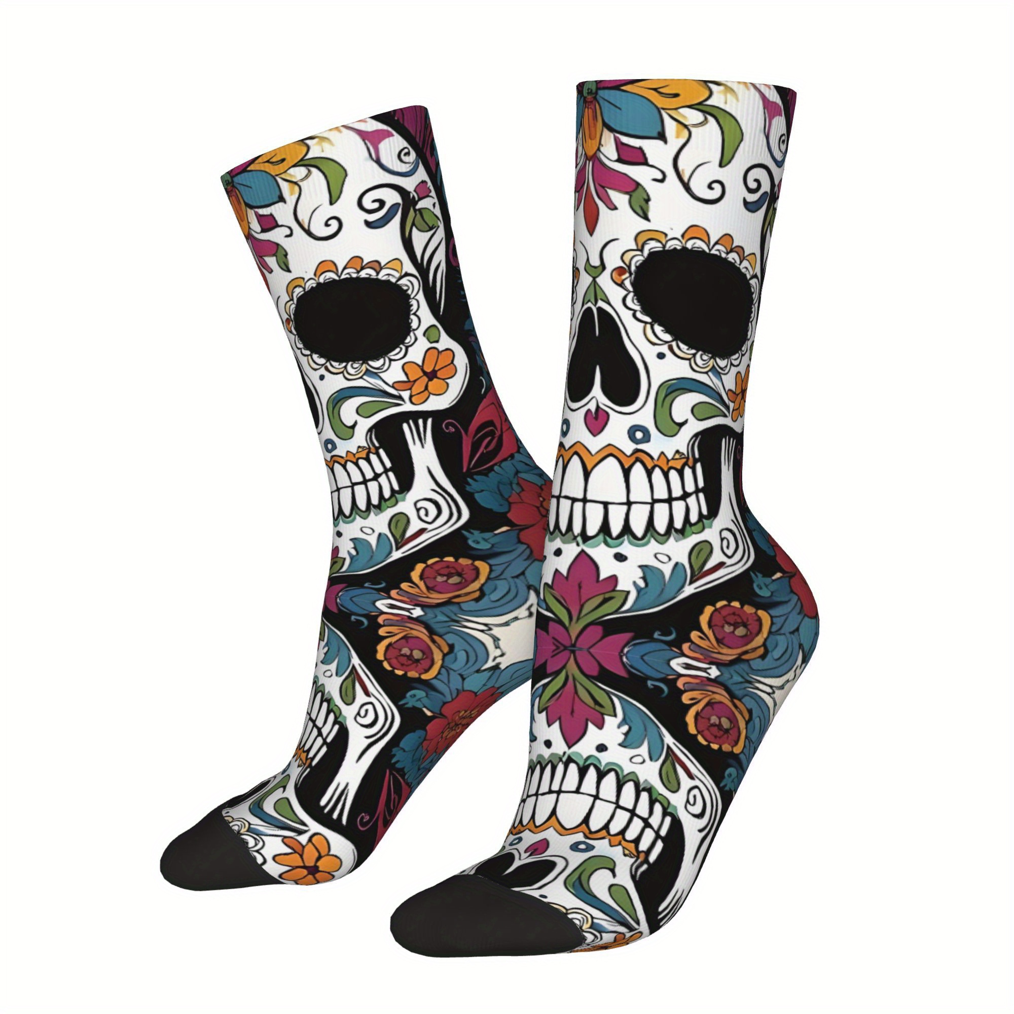 TEMU 1 Pair Hip Hop Retro Mexican Floral Skull Men's Compression Socks Unisex Street Style Pattern Printed Funny Novelty