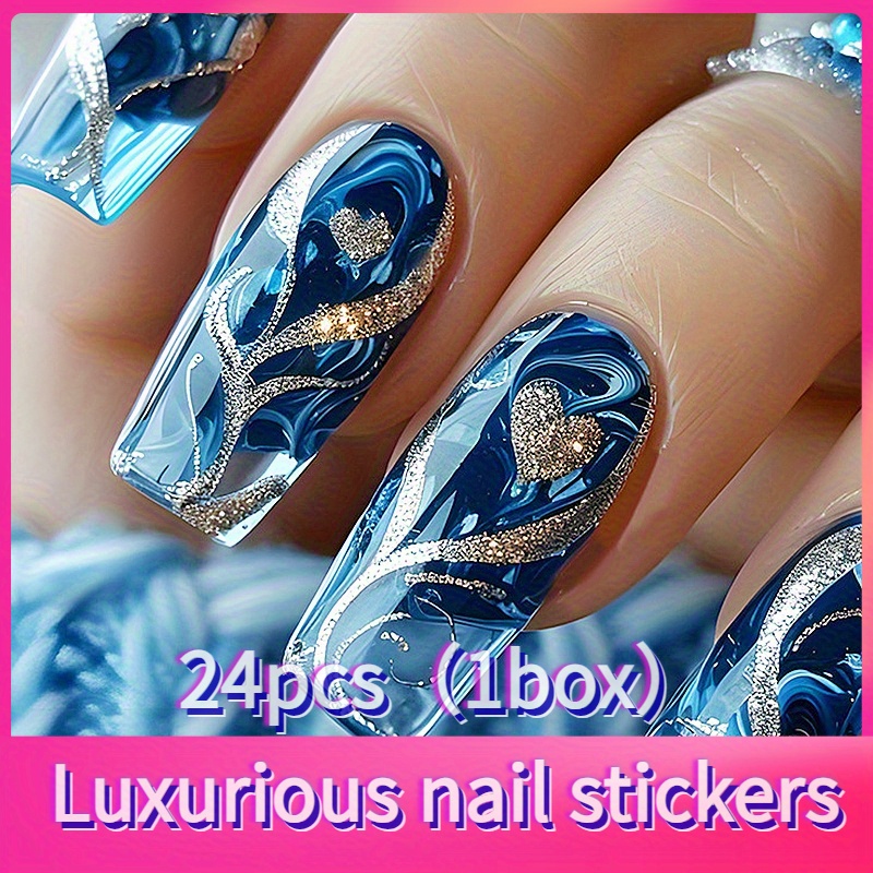 TEMU 24pcs (1 Set) European Ballet Blue And White Gradient Flame Design, Fashionable And High-end Y2k Style Wearable False Nail Set, Suitable For , Day Gift, Diy Detachable Nail Patches