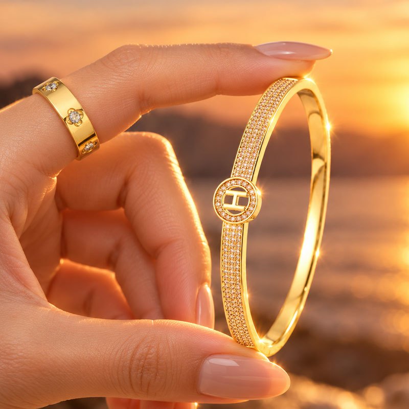 2pc Copper Double-Row Bangle & Stainless Steel Ring Set, Elegant Design