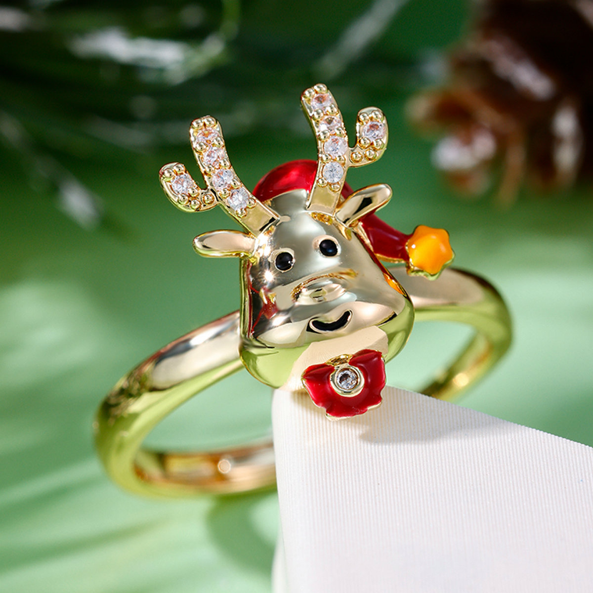 Women's Adjustable Reindeer Ring with Rhinestone, Holiday Gift