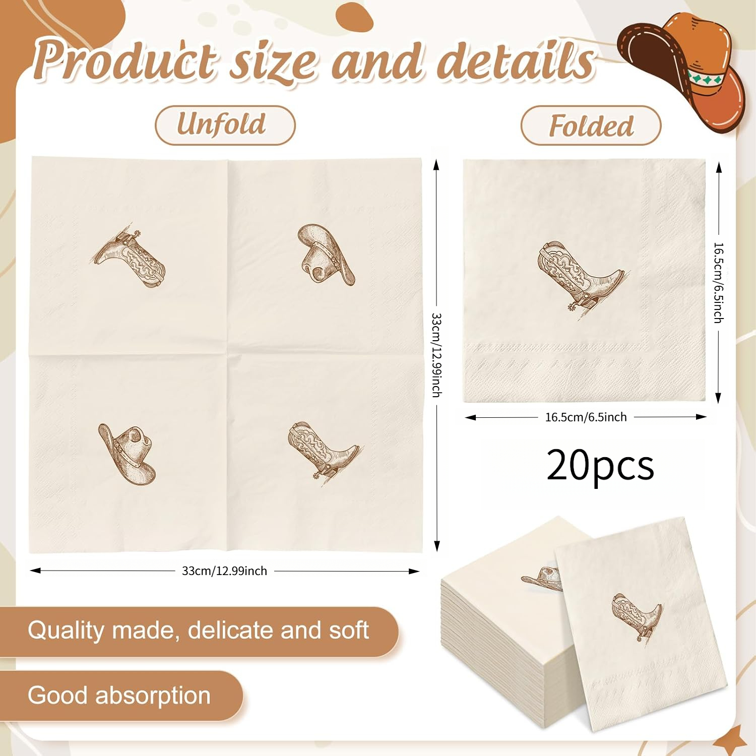 TEMU 20pcs Western Cowboy Cocktail Napkins Beverage Napkins Brown Female Cowboy Hat And Boots Disposable Paper Napkins For Birthday, Bachelorette, Or