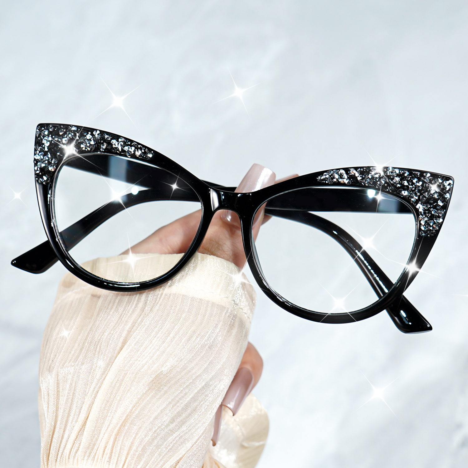 Image of Cabecade Eye Glasses Suitable For - Sparkling Rhinestone Eyewear, Y2k Style Non- Glasses For Daily Wear, Parties, Photo Shoots & Computer Use