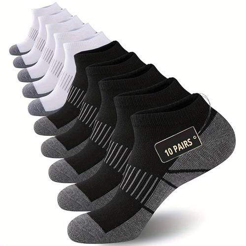 10 pairs of mens low top casual socks breathable and padded for toe and heel elastic rib design solid color black white for daily wear cushioned and able socks