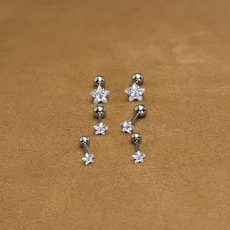 TEMU 3-pair Set Of 4/5/6mm Elegant Minimalist Star Ear Cartilage Studs, Five-pointed Star Spiral Earrings, -friendly Ear Piercing Jewelry For Women,