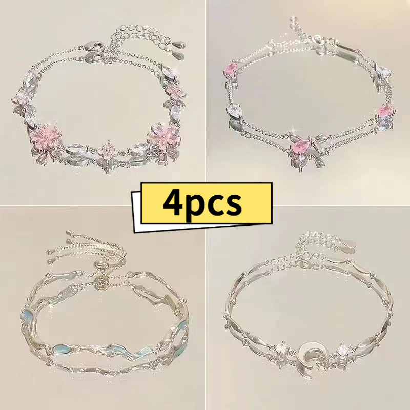 TEMU 4pcs Elegant Pink Cherry Chain Bracelet For Women, Fashionable And Cute, Exquisite Cubic Petal Floral Cherry Adjustable Bracelet