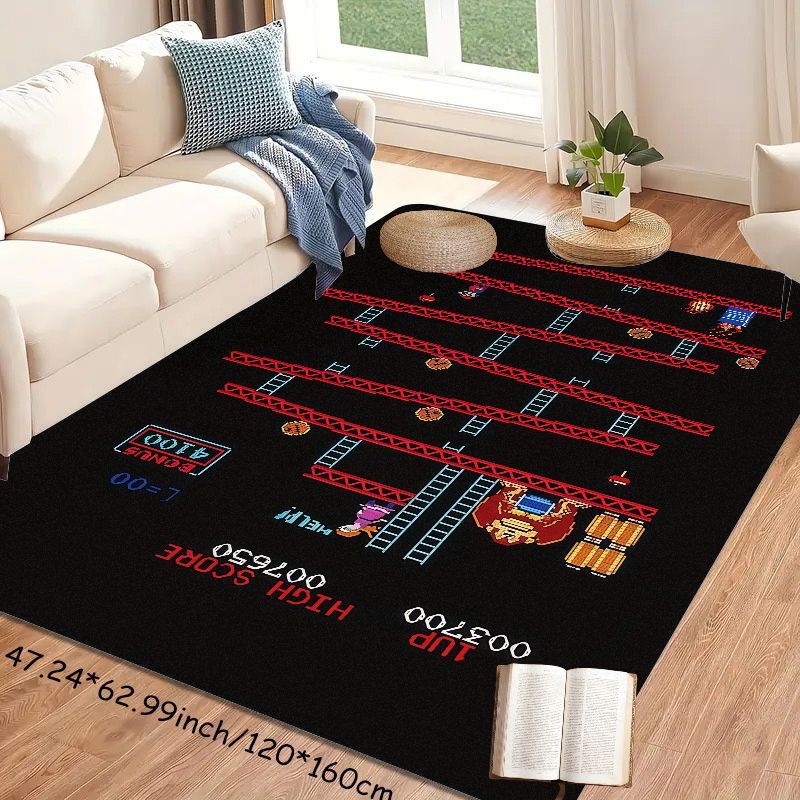 TEMU 1pc Flannel Rug, Wear-resistant Washable Mat, Vintage Arcade Game Style Mat - Classic Video Game Scene Design, Suitable For Living Room,