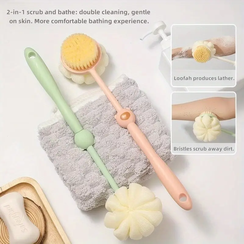 2 in 1 long handle shower brush luffa sponge with bear grip soft dense bristles anti slip hanging design for gentle exfoliating back scrub ergonomic bath shower tool shower accessories bathing accessory bathroom decor body scrubber hygienic material personal hygiene Product details 20