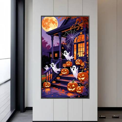 1 set extra large halloween diamond painting kit with glowing bats ghosts with round diamonds complete diy diamond painting set with tools gothic window porch and decorations easy to instructions for beginners home parties or gifts 40x40cm to 70x70cm ideal for large wall displays