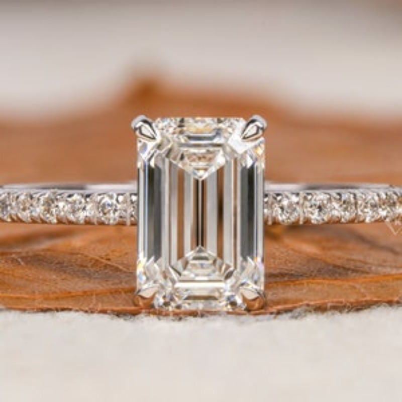 Women's Emerald-Cut Moissanite Ring with Round Accents, Vintage-Inspired
