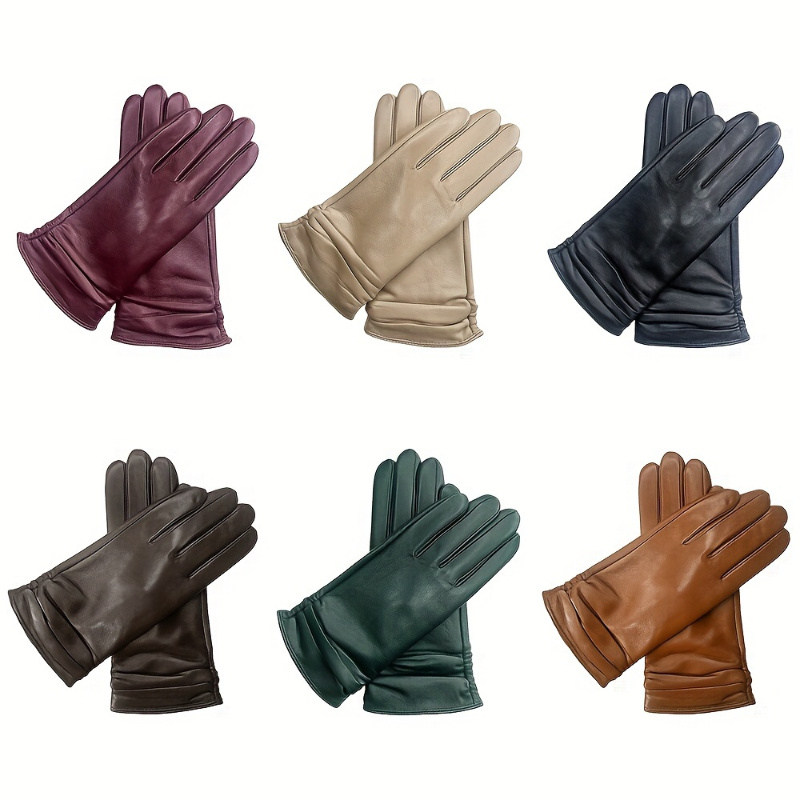 

Elegant Solid Color Genuine Leather Gloves - Warm, Split Finger Design For Women | Touchscreen Compatible & Hand Washable