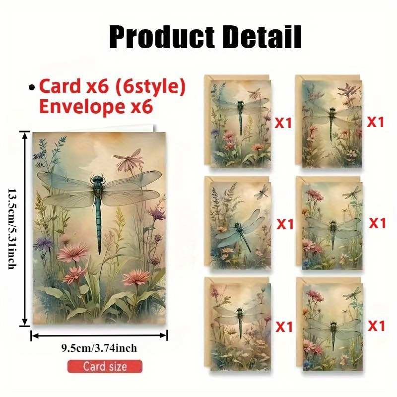 TEMU 1 Set Dragonfly Greeting Card Set - Includes 6 Cards And 6 Envelopes, Blank Cards For Birthdays, Congratulations, And - Floral And , Message