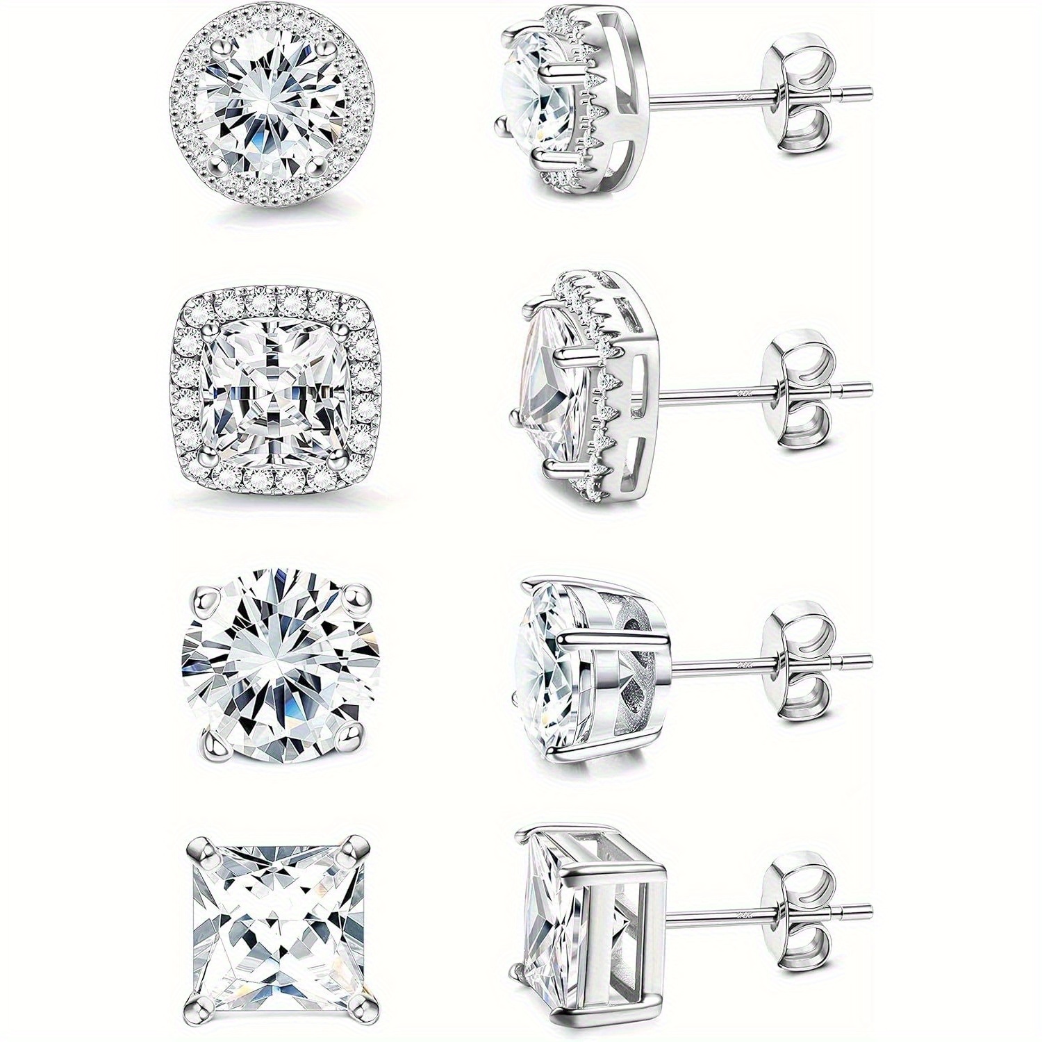 TEMU 4pairs Cubic Synthetic Synthetic Zircon​​ Stud Earrings For Women Men | 18k Gold Plated Hypoallergenic 925 Silver Ear Needle Earrings | Big