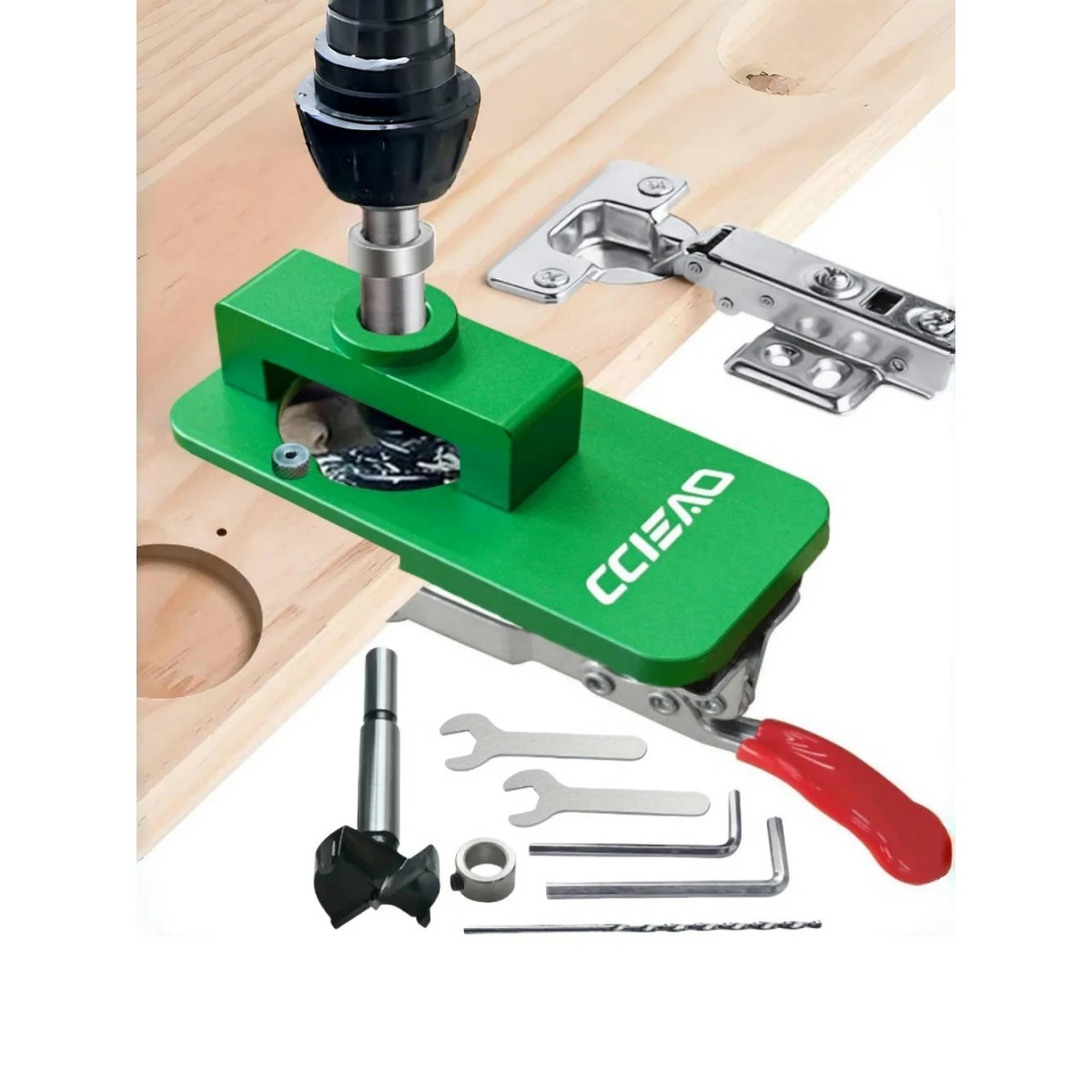 TEMU CCIEAO Posicionador de Orificios para Bisagras Verdes, Juego de Localizador de Orificios para Carpintería con Llave para Perforación de Bisagras