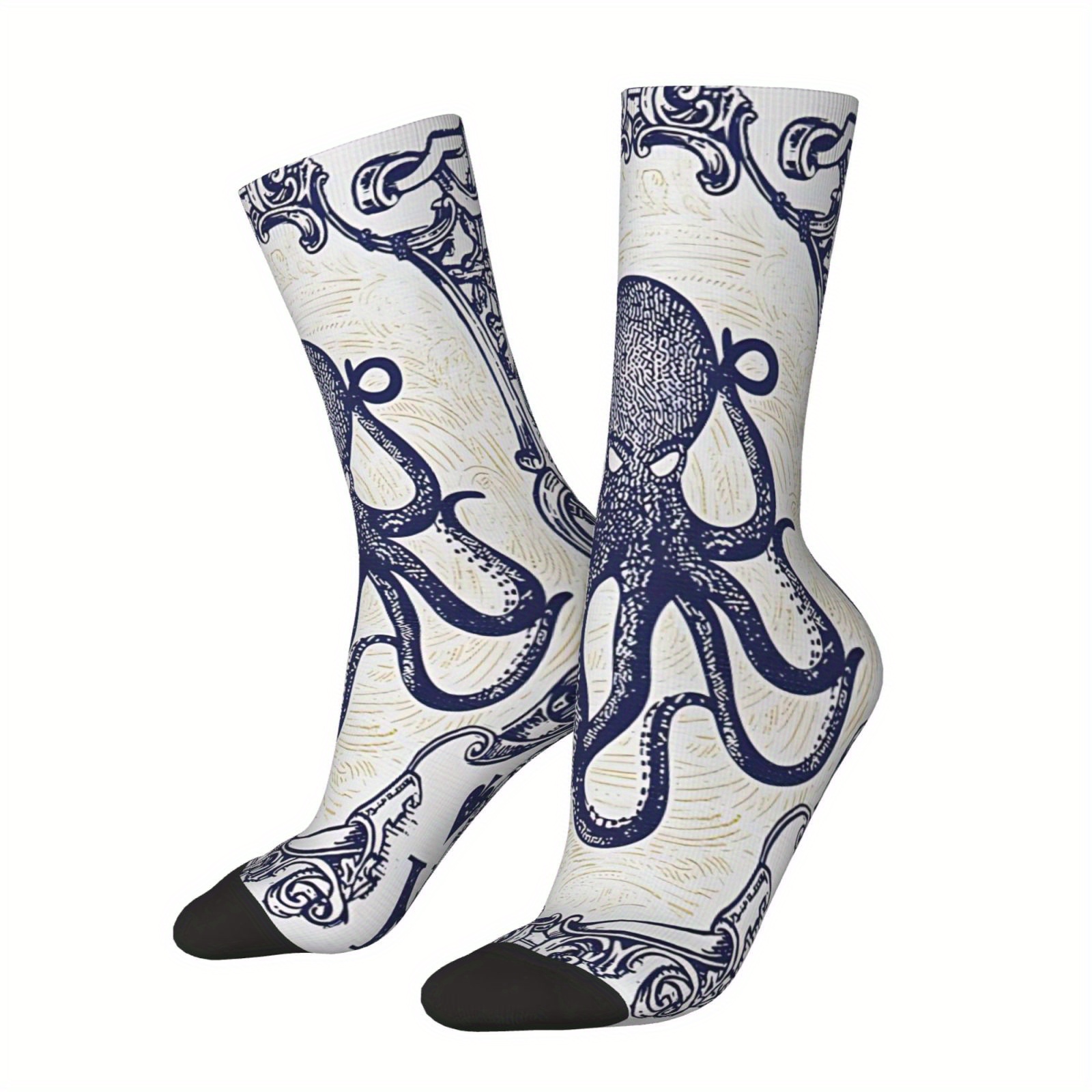 TEMU A Pair Of Unisex Outdoor Socks, Octopus Pattern Printed Mid-calf Socks, Machine Washable, Suitable For Outdoor Sports Enthusiasts, Comfortable