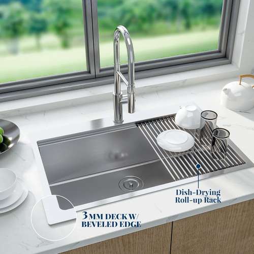 PRACTIUM Drop-In Kitchen Sink Workstation - 30/32/33 Inch Stainless Steel Basin - Black Finish