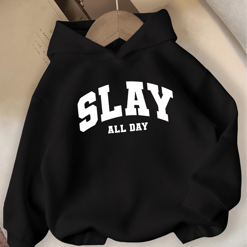[Pink Hooded Sweatshirt] Casual Long Sleeve Winter Pullover Girls' Pink "SLAY ALL DAY" Hooded Sweatshirt | Regular Fit for Autumn & Winter with Bold White Lettering, Comfortable Fit