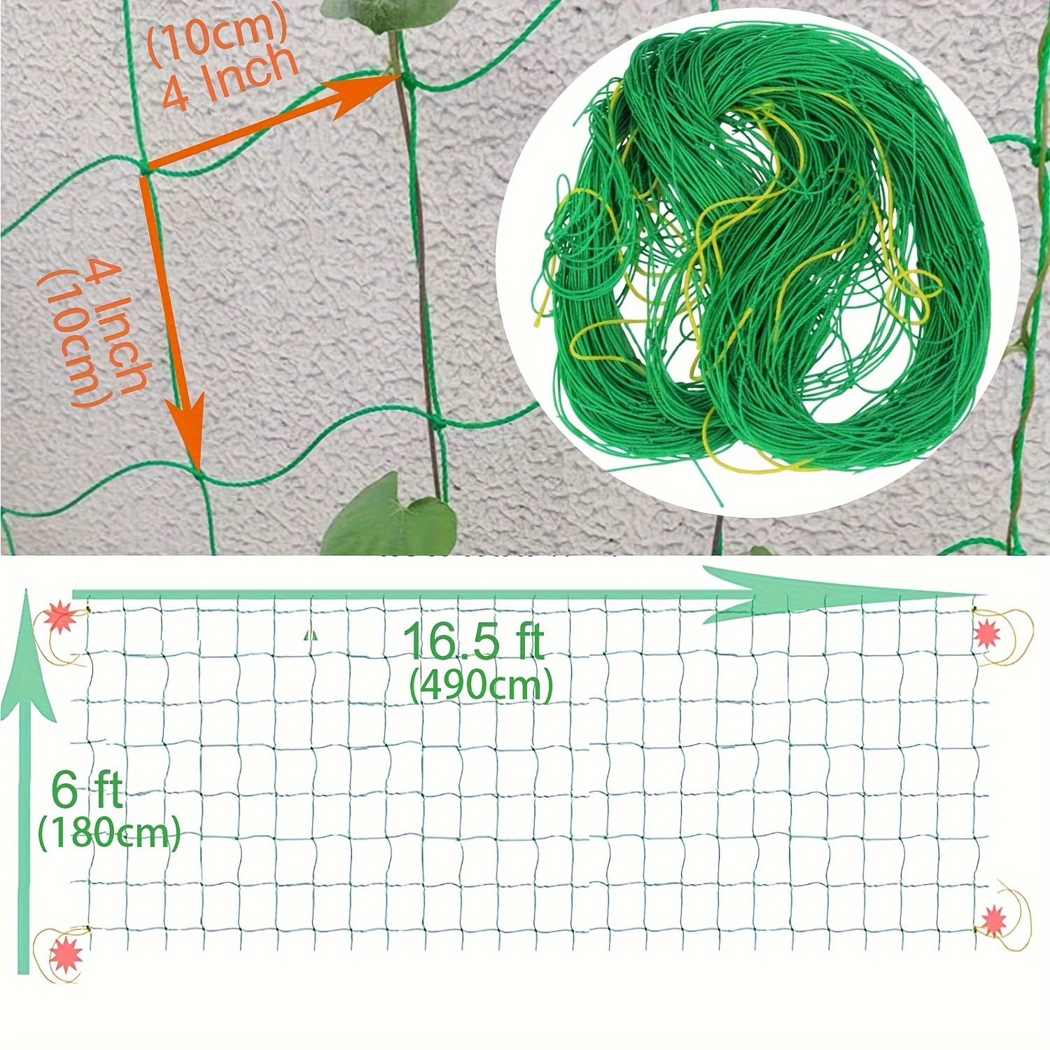 2 Packs (4pcs) Green Heavy-duty Garden Plant Support Net (6ft X 16.5ft) For Climbing Plants - Flexible Rope Net, Suitable For Plant Growth In Gardens