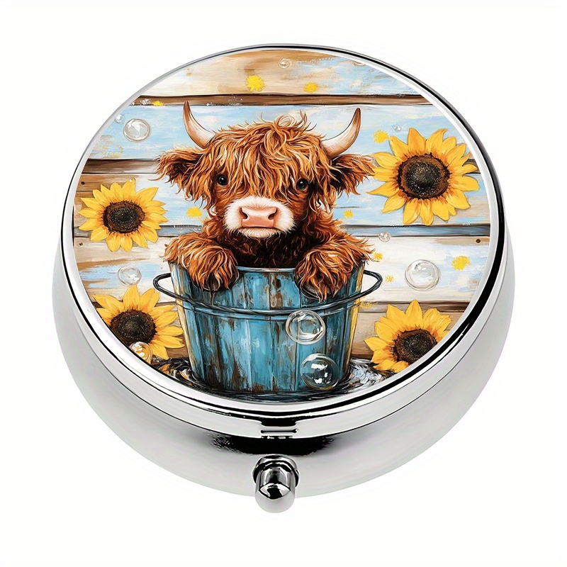 1pc Mini Pill Box With 3 Compartments Cute Highland Theme, Mini Pill Container, Pill Organizer, Unique: retailer-supplied image