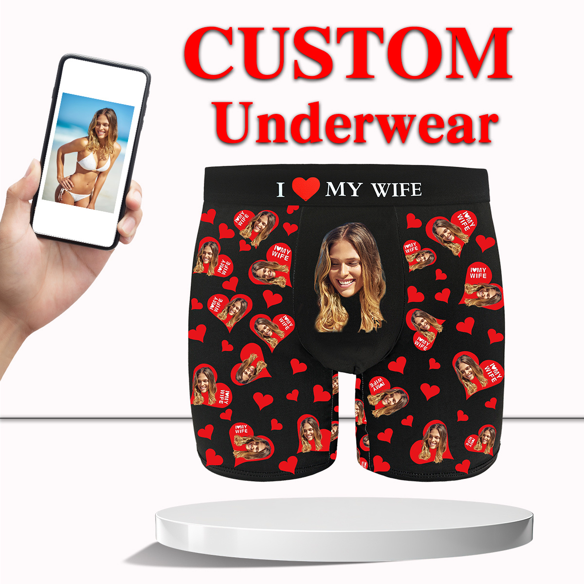 

1pc Men's Boxer Briefs Customized, Valentine's Day Gift Printed With Personalized Photo, High Stretch Breathable And Comfortable Wear Underwear Love Heart Gift Funny Gift For Dad/husband/boyfriend