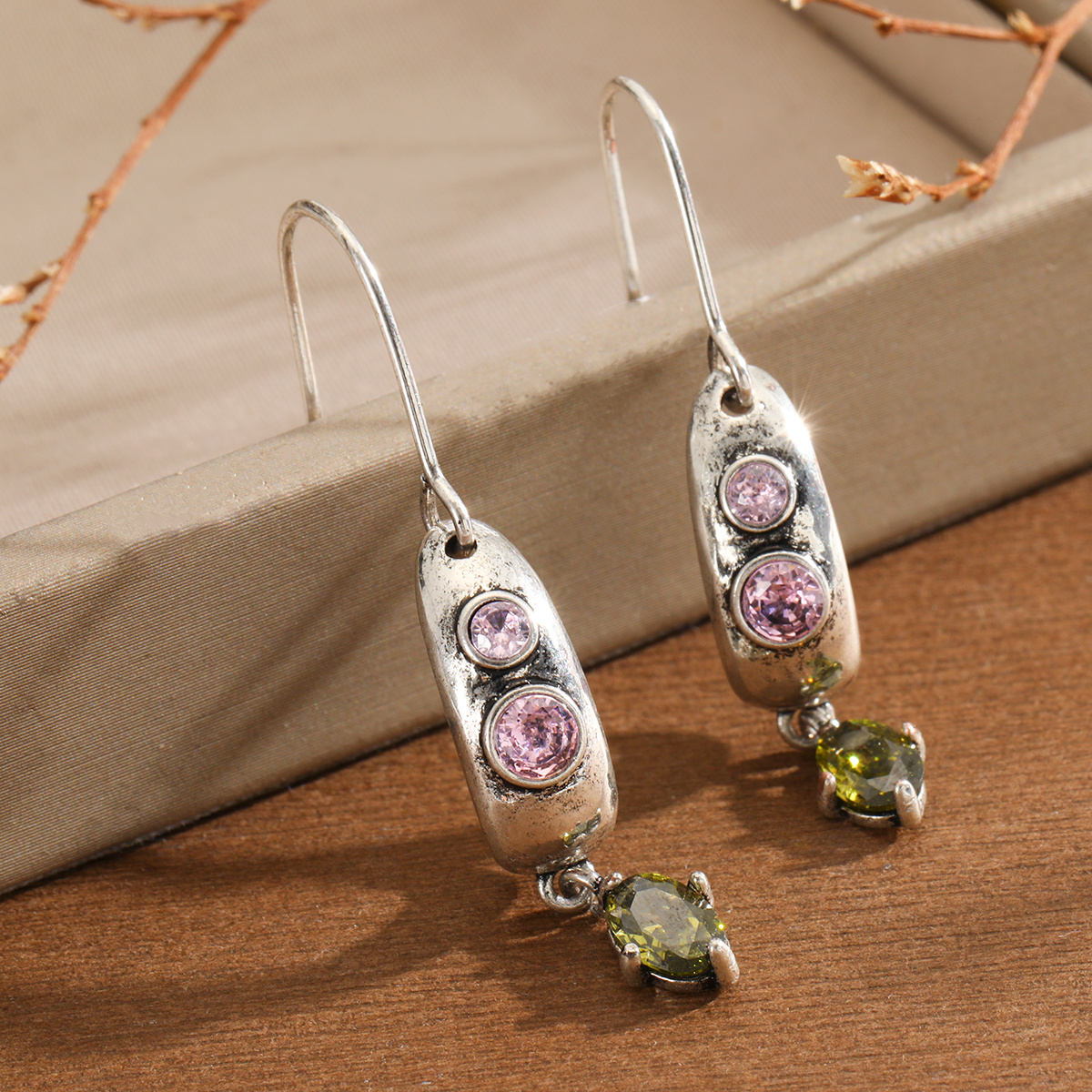 TEMU Pendentif et boucles d'oreilles pour femmes, style bohème rétro, ovale incrusté avec 2 pierres synthétiques roses, synthétique , parfait pour