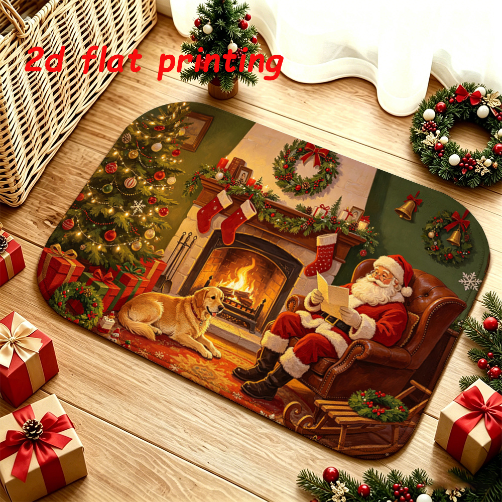 TEMU 2d Flat Printing, 1pc New Christmas Fireplace Santa Claus Dog Christmas Tree Gift Printed Pattern Flannel Floor Mat, Soft And Comfortable,