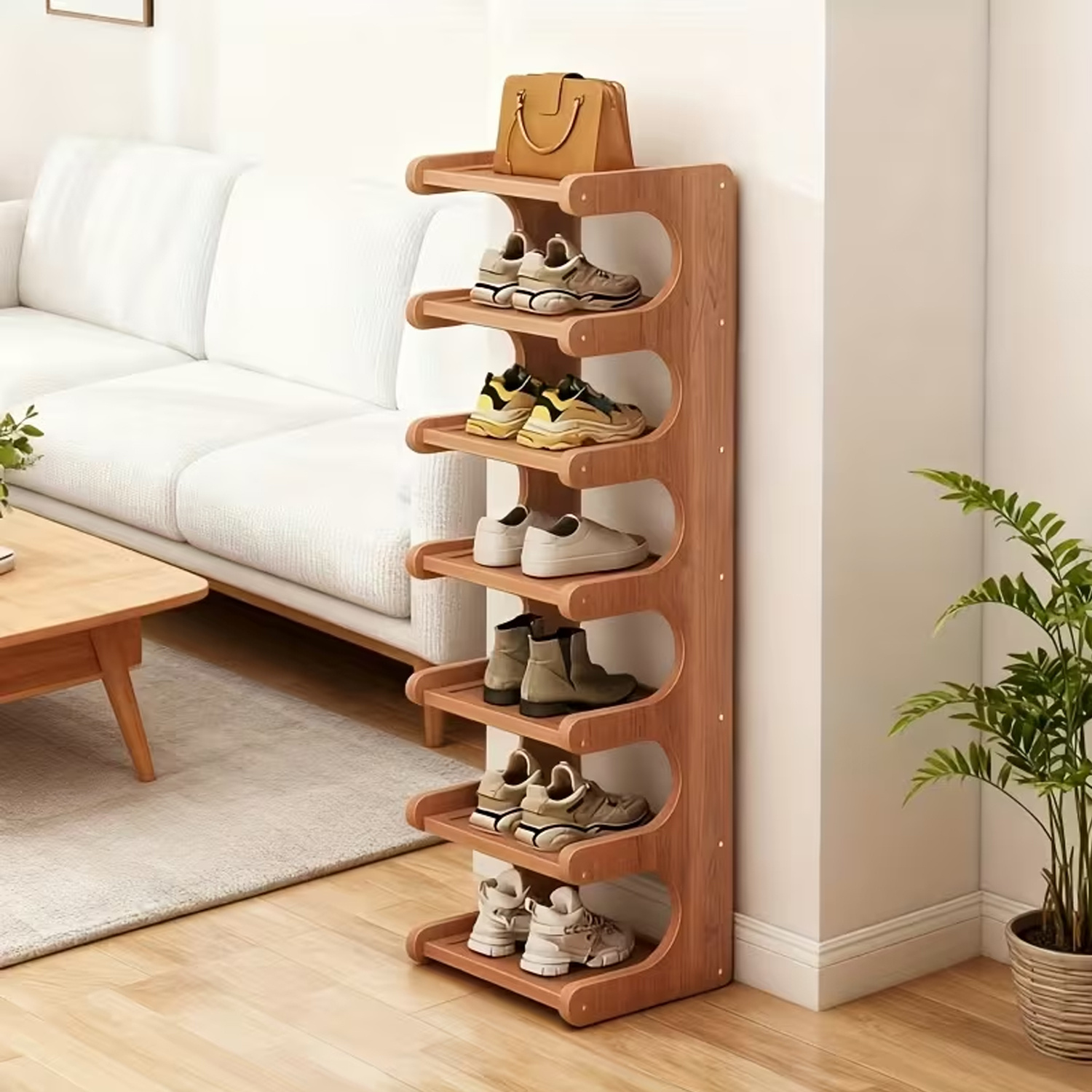 Image of Narrow Shoe Cabinet, Curved Hollow Shoe Rack 4/, Decorative Hollow Bamboo Shoe Rack For Space-saving Shoe Racks, Slippers, And Sports Shoe Storage In , Living Rooms, And Bedrooms