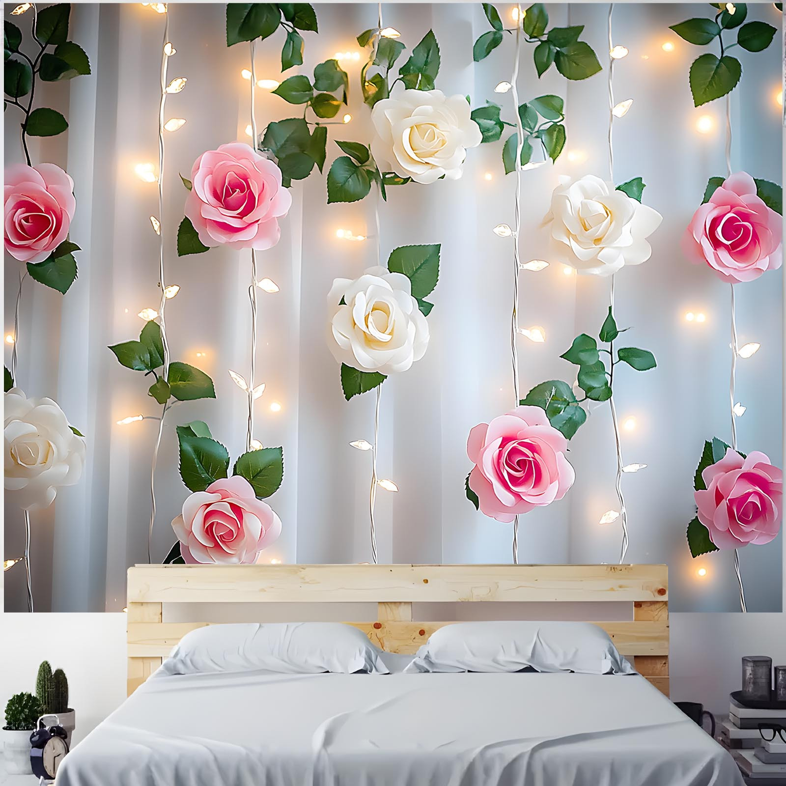 

1pc Elegant & Greenery Wall Backdrop With String Lights - Polyester Banner For Bedroom, Party, Celebration & Anniversary Decorations - Indoor/outdoor Use, Wall Decorations For Bedroom