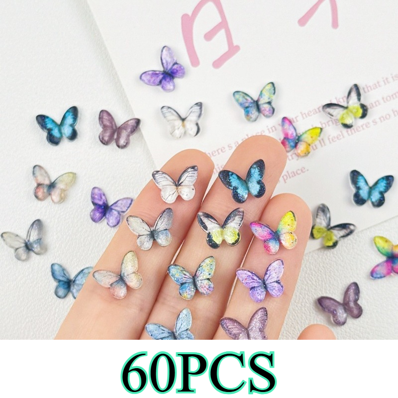 E-shop 60 Stk. schillernde Schmetterlings-Serie Harzdekorationen – flachrückige Harz-Nagelkunst-Anhänger für DIY-Handyhüllen, Ohrringe, Haarklammern,