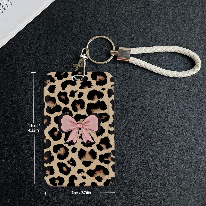 TEMU 2d Leopard Bow Card Holder Sleeve With Anti-loss Hanging Loop - Leopard Print Bow & Bowtie Patterns, Compatible For Id Badges, Student Cards,