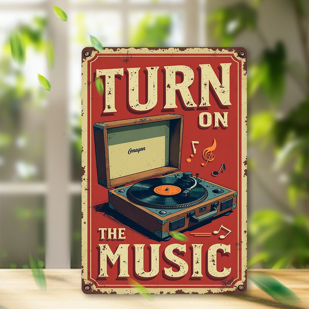TEMU Décoration Murale Rétro 2D Plat - Plaque en Bois Rétro avec Lecteur de Vinyles et Notes, pour Maison, Bureau, Café, Bar, Salle de Musique -