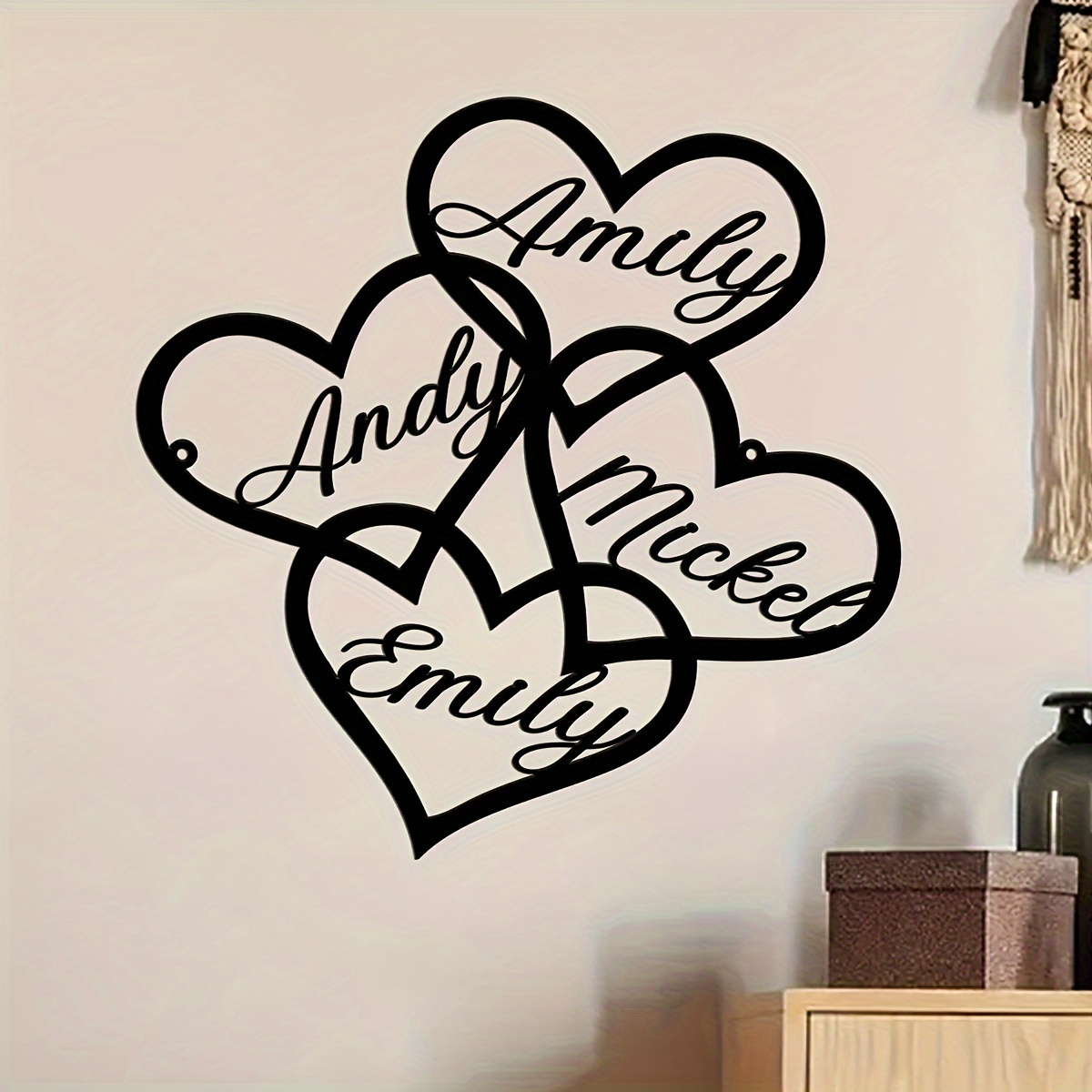 

1pc Customizable Metal Wall Art - Personalized Family Names In Elegant , Interlocking Hearts Design For Home Decor & Housewarming Gifts, Decorative Indoor Wall