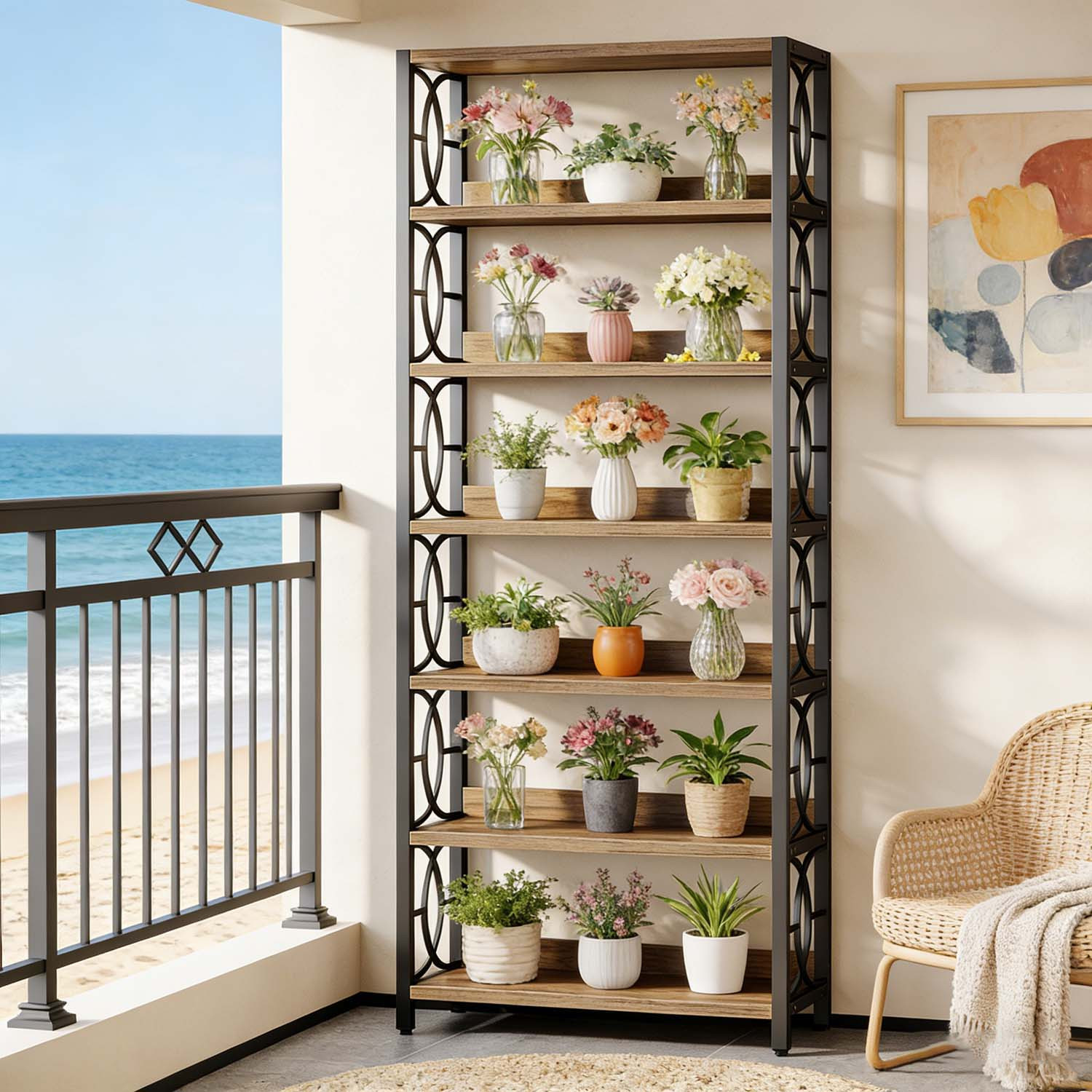 Image of 6-tier Heavy Duty Industrial Plant Stand 180cm Tall - Space- Corner Flower Shelf With Wide Base Suitable For Indoor/outdoor Use, Multi-tier Plant Display For Patio, Balcony, Garden, Home - Wood & Base