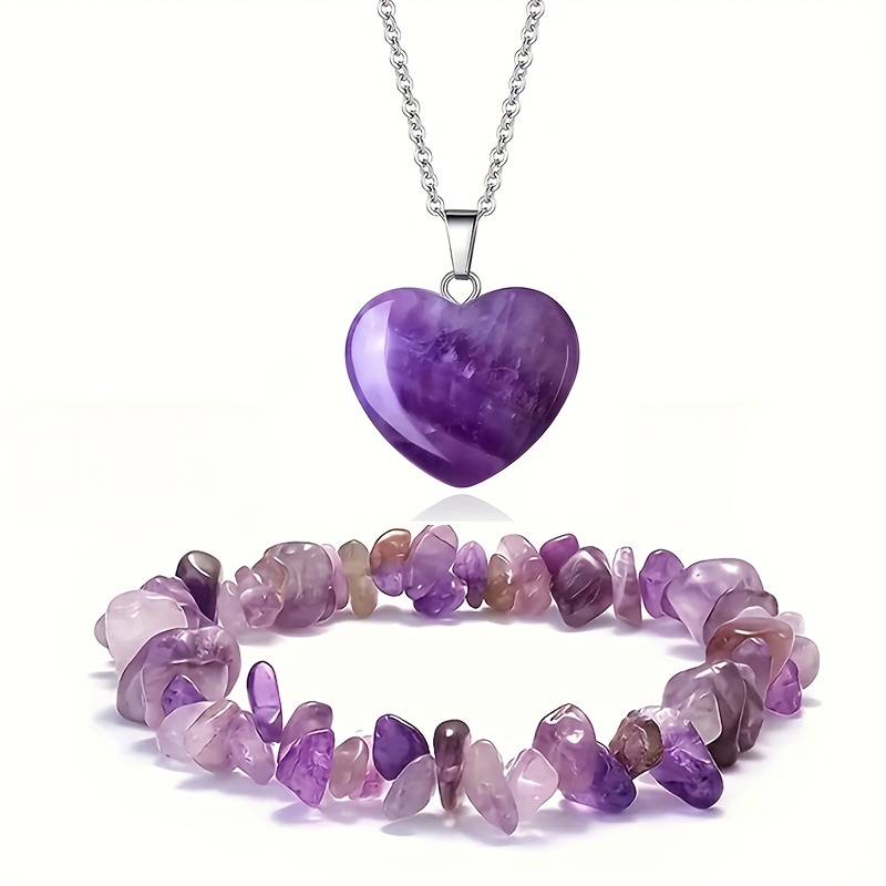 TEMU 2pcs/set Crystal Heart Necklace And Gravel Bracelet, Rose Quartz, Couple's Bracelets For Men And Women, Love, Bracelet Necklace, Valentine's,