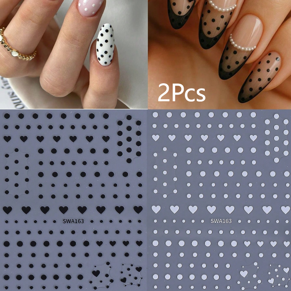 Image of 2pcs Big Round Nail Stickers Black White Polka Dot Heart Decals For Nails Self Adhesive 3d Manicure Accessories Nail Art Decoration