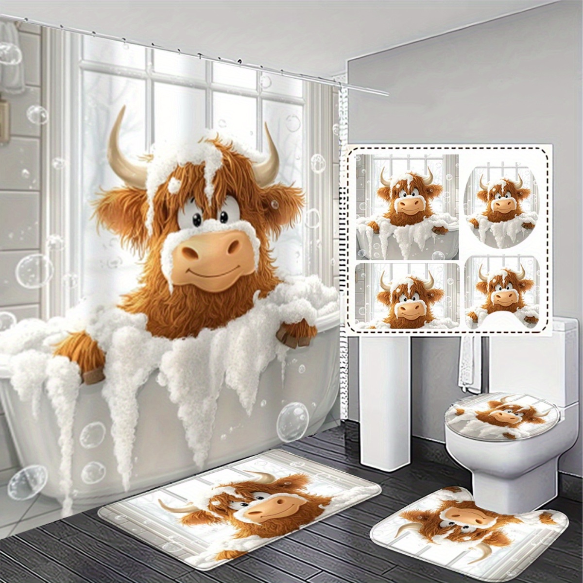 TEMU 2d Flat, 4pcs, Cartoon Cute Funny Cow Design 2d Flat Printing Shower Curtain With 12 Hooks And Non-slip Bath Toilet Lid Cover For Bathroom Decor
