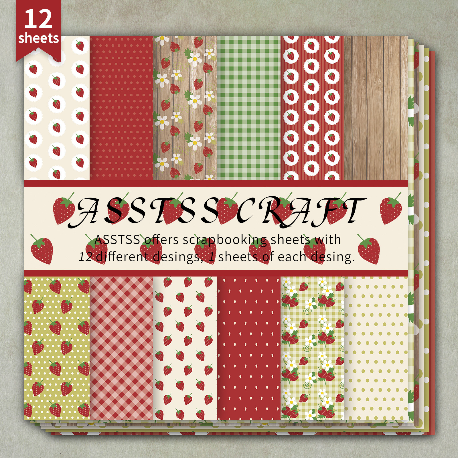 TEMU 12-sheet Asstss 6*6-inch Scrapbooking Paper Pad, Featuring A Vintage Strawberry Pastoral Theme With Retro , Polka Dots, And Wood Cream Style