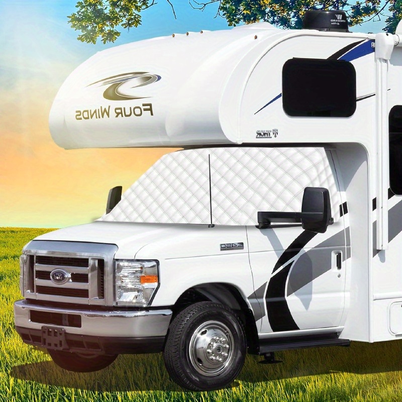 magnetic rv windshield cover with side   cutouts corner straps durable   sunshade for trailers campers motorhomes uv protection dustproof privacy shade trailer accessory sleek vehicle look full coverage design 0
