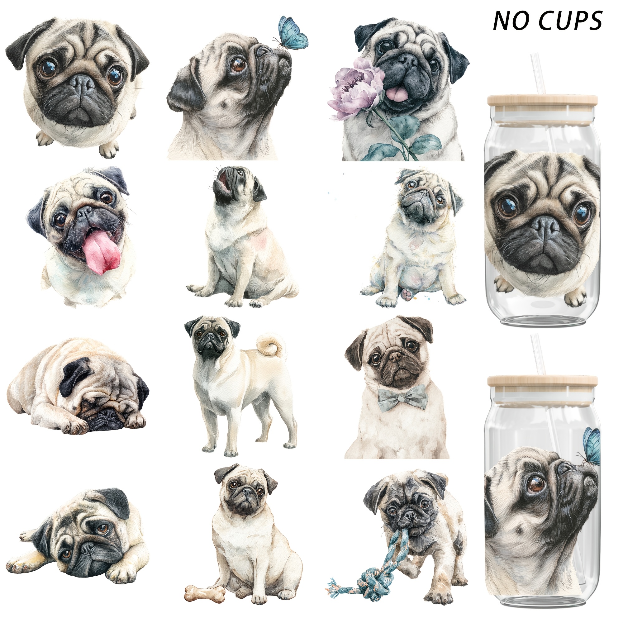 TEMU 12pcs/pug Theme Waterproof 16oz Glass Jar Transfer Uv Dtf High Self-adhesive Transfer Paper, Suitable For Cups, Bottles, Furniture, Photo Frame