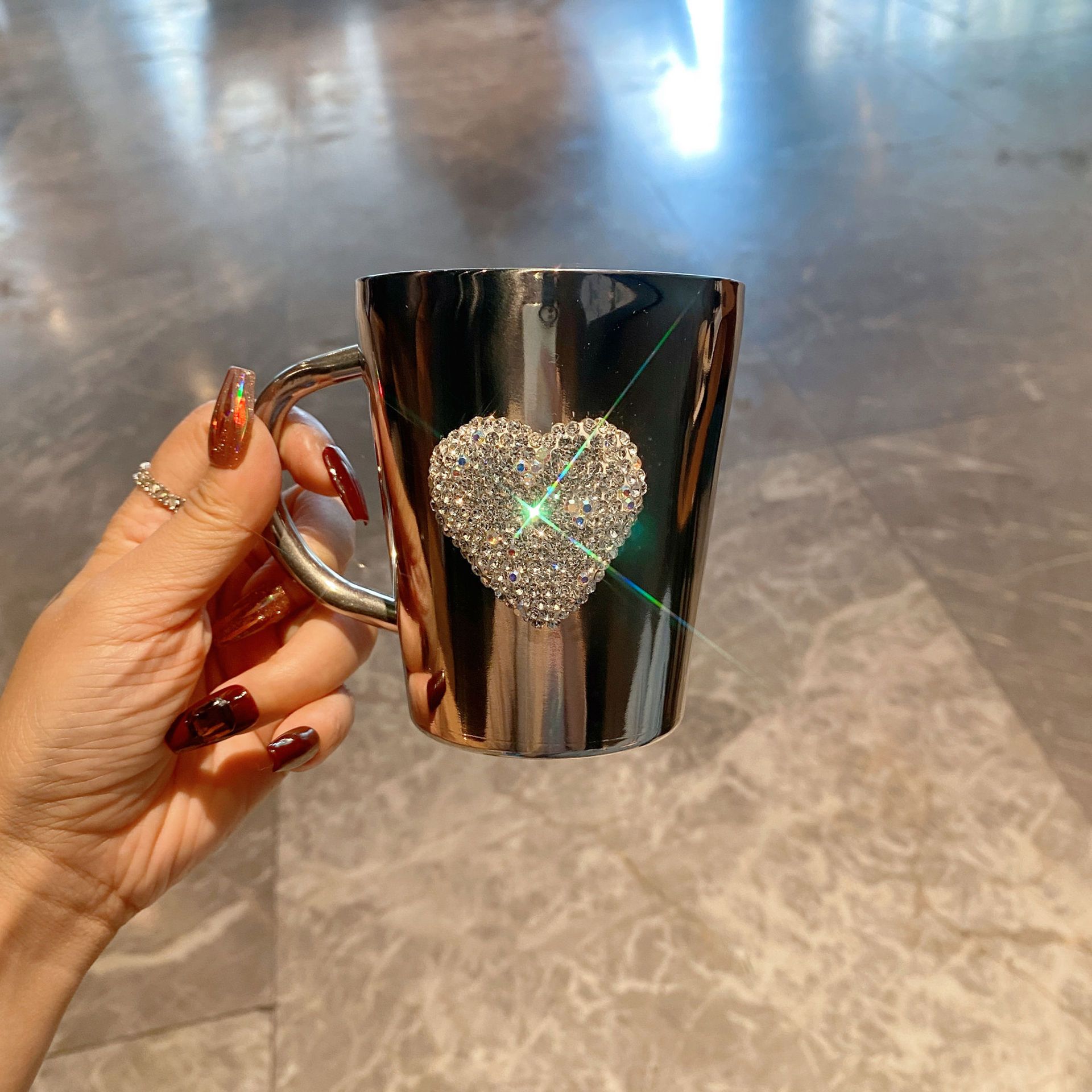 TEMU 1pc Diamond-studded Heart-shaped Stainless Steel Coffee Mug - 304 Stainless Steel, Portable Travel Cup With Sparkling Diamond Accents, Elegant