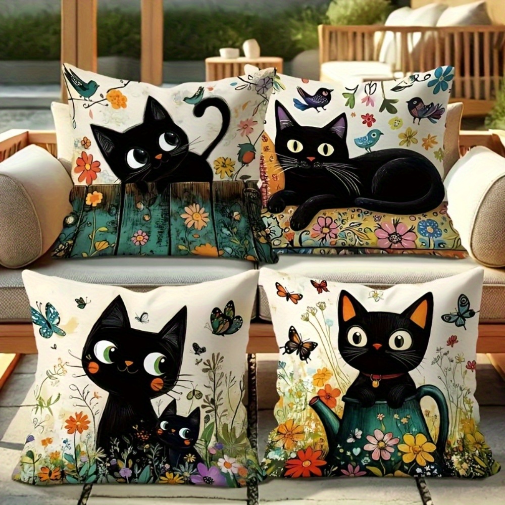 TEMU Set di Quattro Federe con Cerniera a Tema Gattino, Design Monofacciale in Poliestere, per Decorare Soggiorno, Camera da Letto e . Cuscini Non
