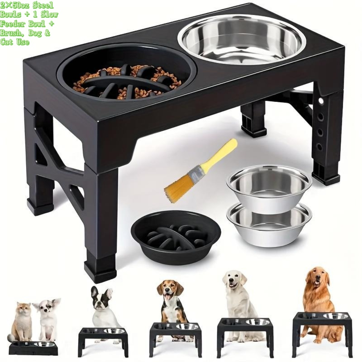 TEMU 1 Set 5-level Adjustable Height Raised Pet Bowl Stand, Foldable Elevated Dog Feeder With Slow Feeder Bowl & Stainless Steel Food Basin,
