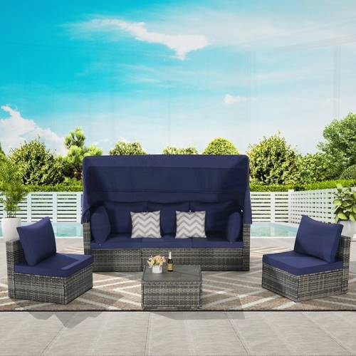 5pcs outdoor patio wicker daybed furniture set with retractable canopy side table and cushions for relaxing in or porch