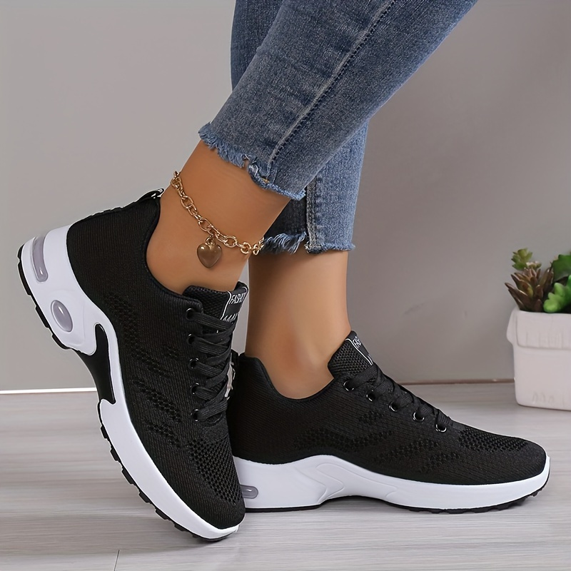 new womens black white breathable mesh low top sneakers with shock absorbing pu air cushion anti slip rubber sole anti odor technology modern lace up casual sports   day   slipresistant footwear  able   everyday footwear durable construction daily wear details 1