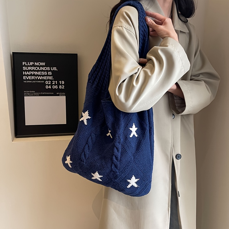 star pattern knitted tote bag womens aesthetic crochet bag - Temu