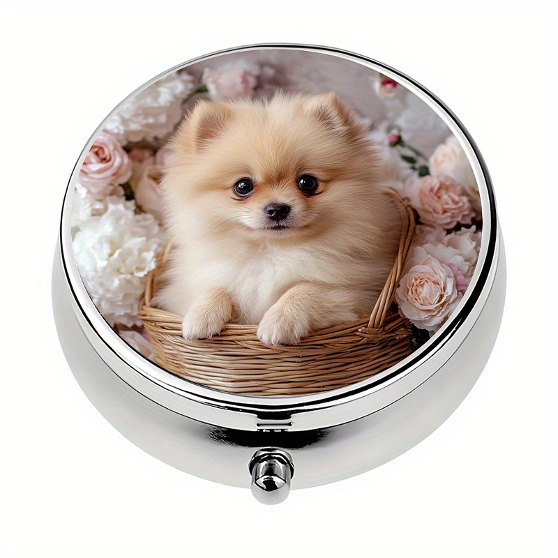 TEMU 1pc Pill Box With 3 Compartments Cute Pomeranian Puppy In Basket Flower Theme Mini Pill Container, Pill Organizer, Travel-friendly Unique Gift