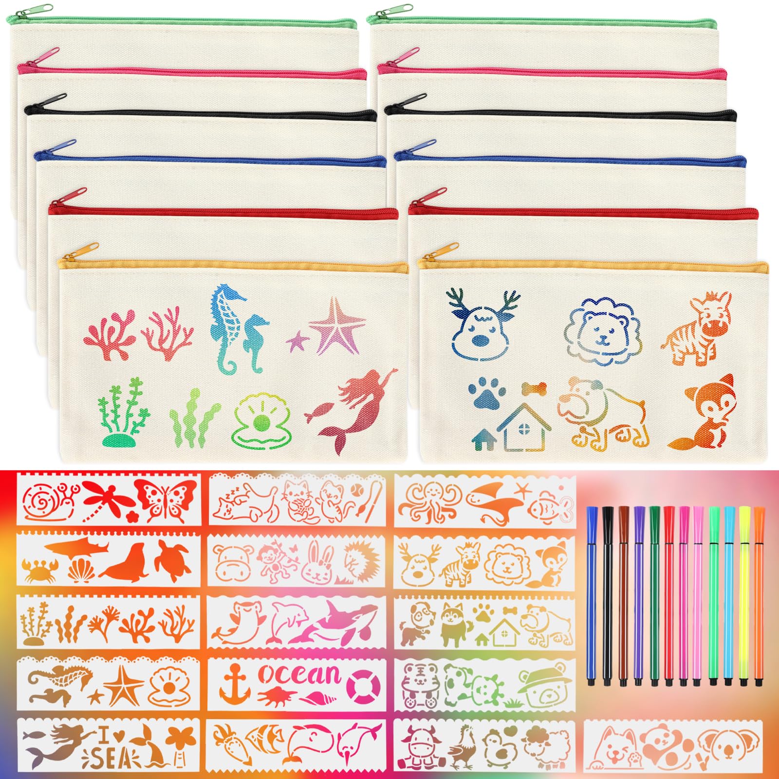 Image of 40pcs Canvas Painting Pencil Kit With 12 Blank Canvas Pencil Case, 12 Color Pens & 16 Drawing Templates - Craft Supplies For School Classroom Activities, Birthday Christmas Favors, Creative Gift