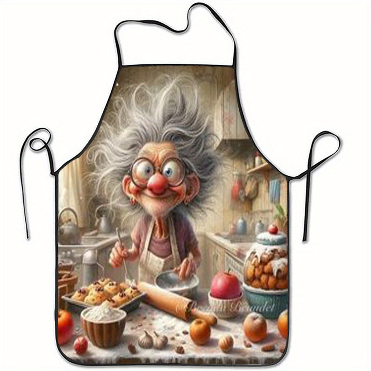 TEMU 1pc Whimsical Grandma Cooking Print Sleeveless Polyester Apron - Colorful Kitchen And Baking Apron With Adjustable Neck Strap, Perfect For And