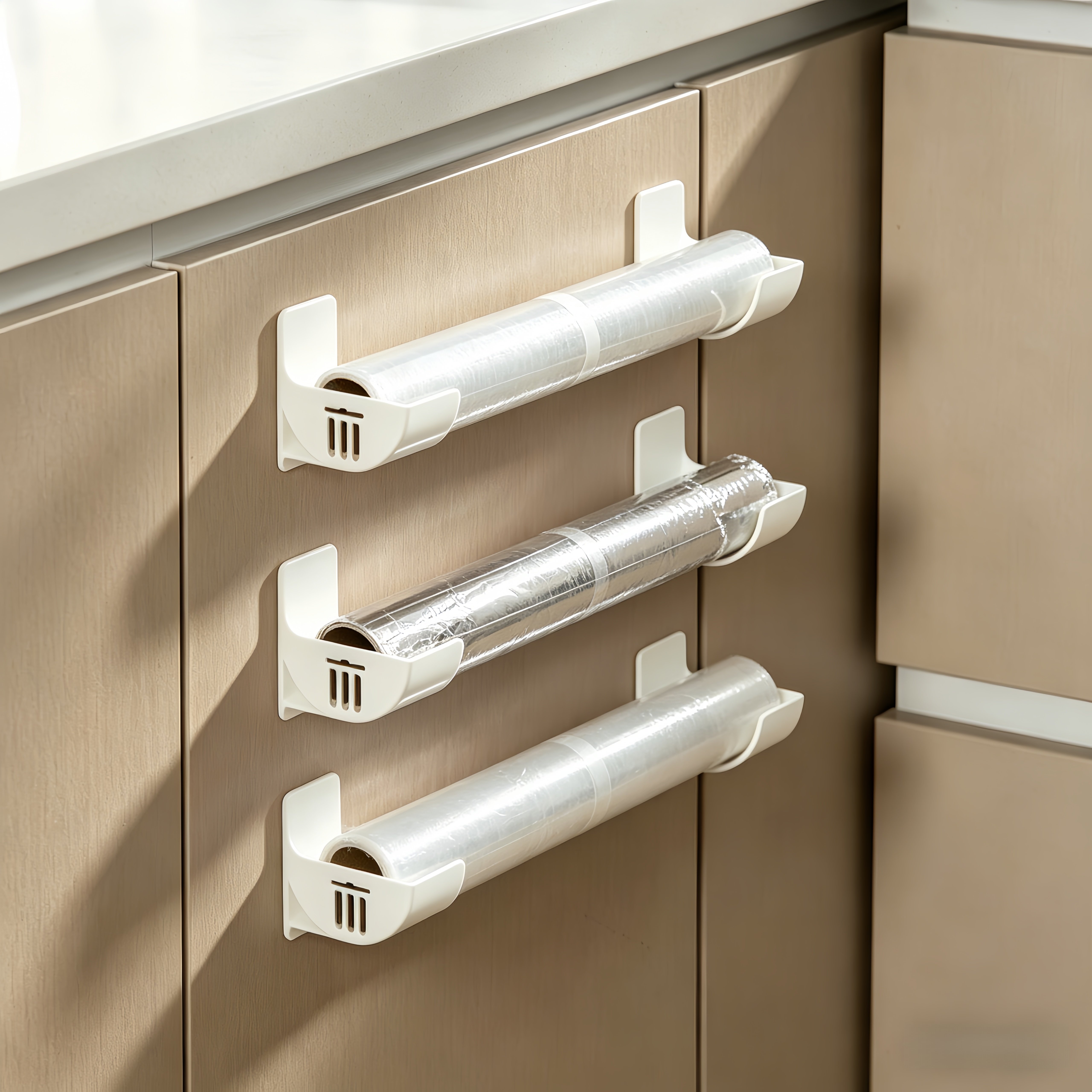 3-pair Set Of Furniture Cabinet Accessories, Wall-mounted Storage Rack For Kitchen, Space- For Household Use, Organizer For Rolled Items, Plastic Wrap, And Trash Bags, Utility Hooks