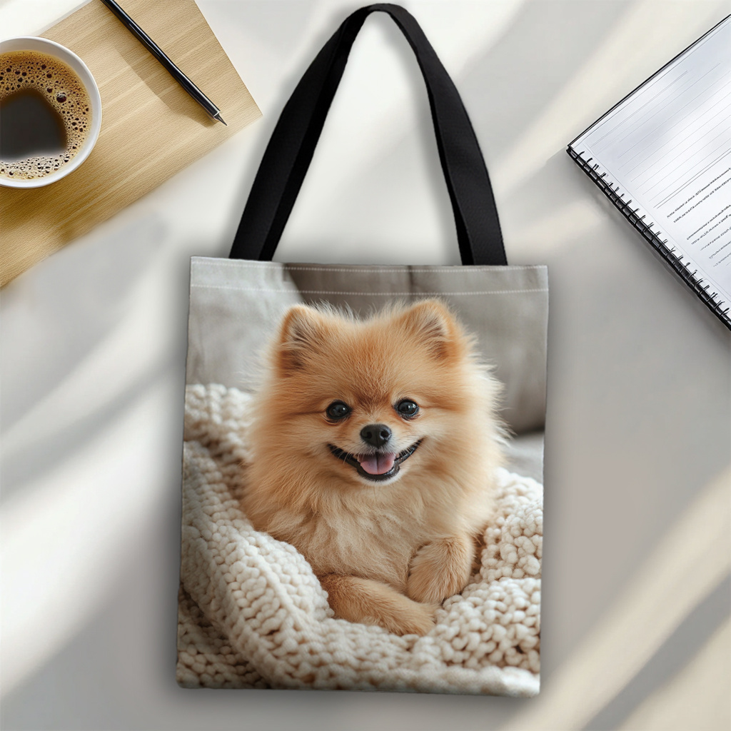 Image of +[women's Shoulder Bag]animal Element 1pc, Happy Pomeranian Dog Smiling While Sitting On A Blanket Pattern Tote Bag, Ideal For Shopping, Everyday Use, Holiday Gifts, High Quality, Ladies' Bag
